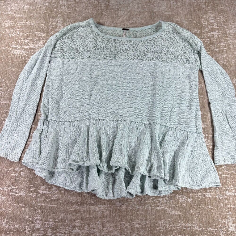 Free People Mint Green Kristobel Crochet Peplum Oversized Sweater Top - S